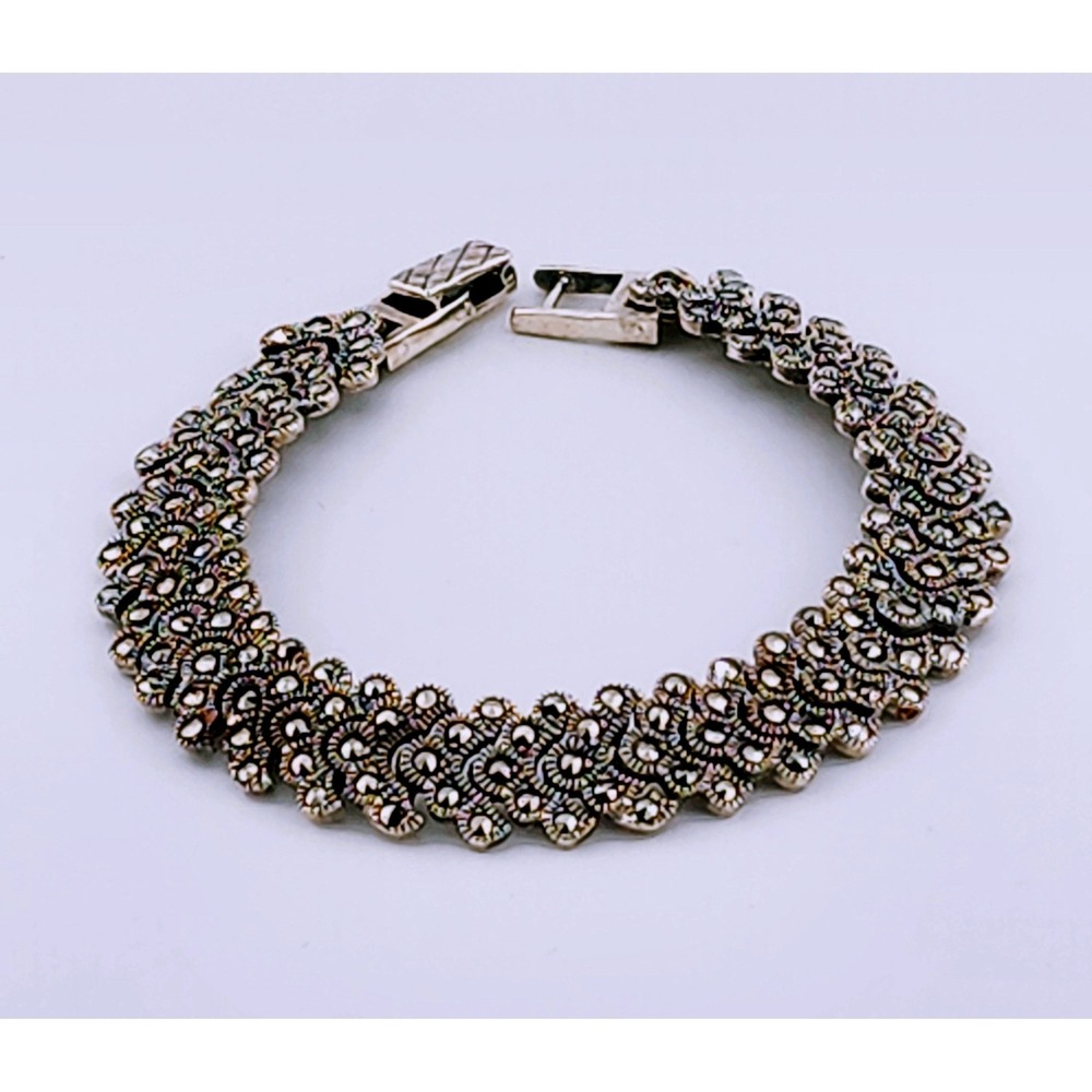 Vintage Marcasite Scalloped Link Bracelet Silver Tone Art Deco Style Clasp